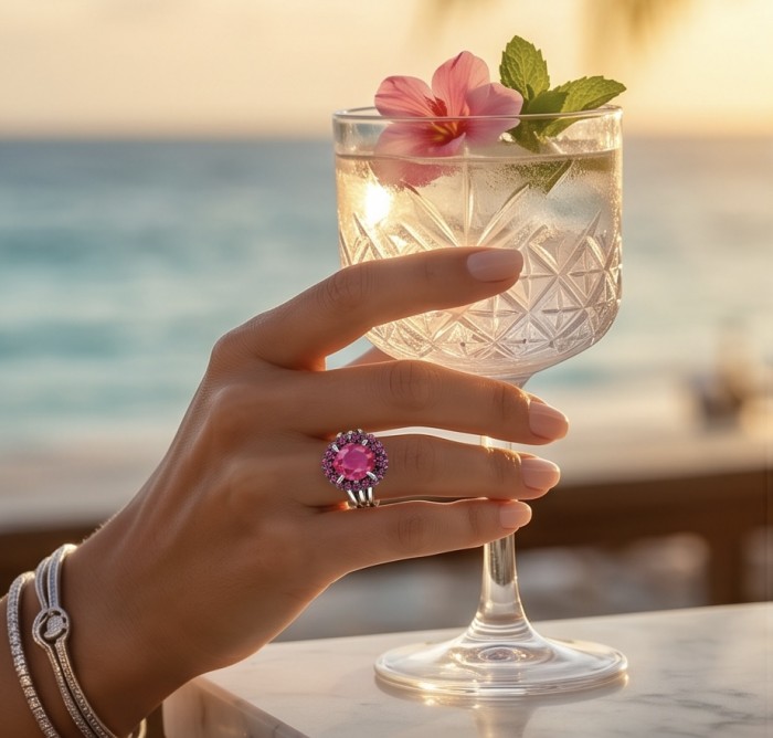 Bella Rosa Genuine 4.5 CARAT Star Ruby rhodium over .925 Sterling Silver Statement Ring size 8 - Worn on hand, Bella Rosa 4.5 carat star ruby ring with cocktail glass.