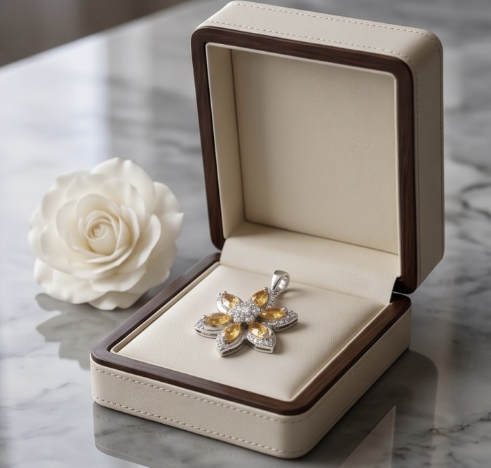 Golden Star 8.5 carat Brazilian Citrine .925 Sterling Silver dipped in Rhodium handmade Pendant - Golden Star pendant with Brazilian Citrine in open box, overhead view.