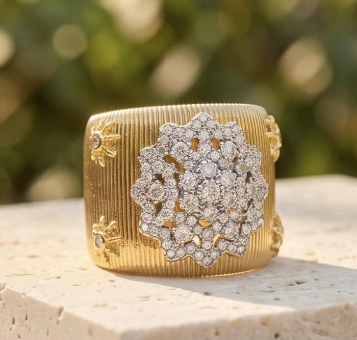Byzantine design Authentic White Topaz 18K Gold over .925 Sterling Silver handcrafted ring size 7 - Wide gold ring with topaz floral design, side view on stone surface
