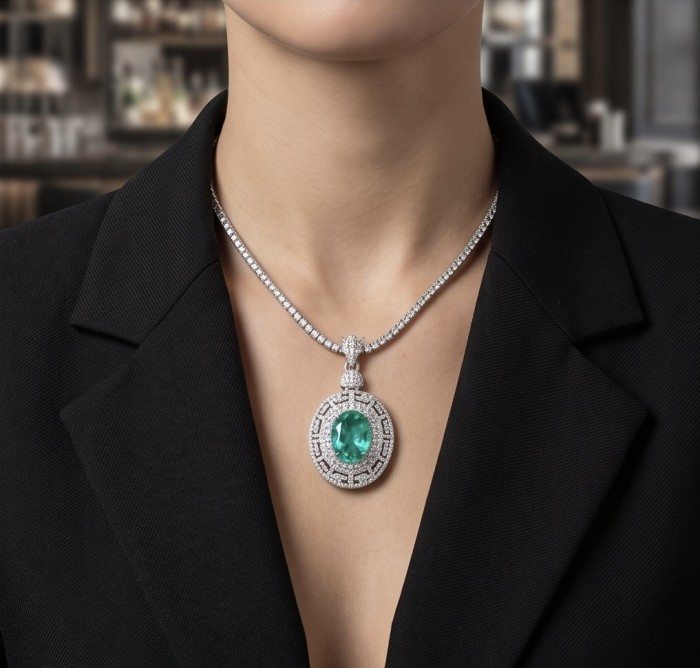Colombian Briliance - oval cut 22.7 carat Emerald .925 Sterling Silver handcrafted necklace - Emerald pendant necklace worn on neck, close-up view