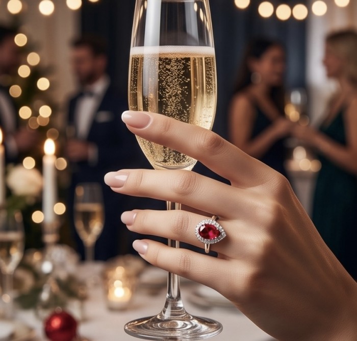Giuseppina - Magnificent 4.7 carat authentic Ruby rhodium over .925 Sterling Silver handcrafted Statement Ring size 8 - Hand wearing Giuseppina ruby ring holding a champagne glass at a party.