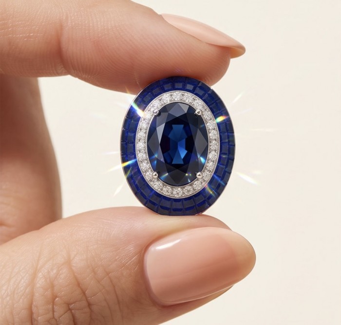 Art Deco - Incredible genuine 10.5 CARAT Sapphire .925 Sterling Silver handcrafted Earrings - Close-up of Art Deco sapphire ring held between fingers.