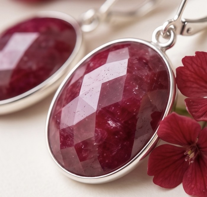 Giovanna Natural 22.2 carat Kasmir Ruby 18K Gold over .925 Sterling Silver handcrafted Statement earrings - Close-up of Giovanna 22.2 ct Kashmir Ruby earrings in 18K gold.