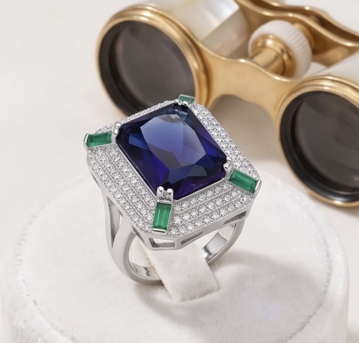 Julietta 15.5 carat Sapphire .925 Sterling Silver handmade Statement ring size 7 1/4 - Julietta sapphire ring close-up with green accents and binoculars in background.