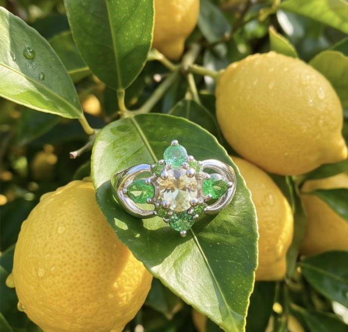 Stella 3.2 carat Brazilian Citrine .925 Sterling Silver dipped in 14K Gold handcrafted ring; s. 6 - Close-up of Stella Citrine ring on a leaf with lemons in the background.