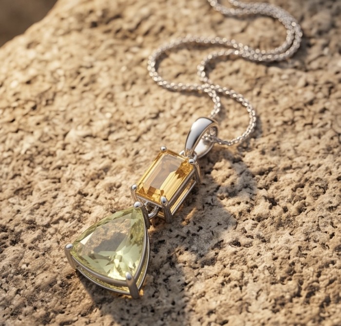 Wise Bliss Authentic 18.2 carat Brazilian Citrine .925 Sterling Silver handmade pendant - Close-up of Wise Bliss Citrine pendant necklace on textured surface.