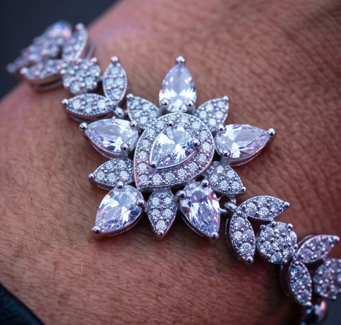 Mademoiselle 10.2 carat Moissanite .925 Sterling Silver Statement Bracelet - Close-up of Mademoiselle 10.2 carat Moissanite on wrist in sterling silver.