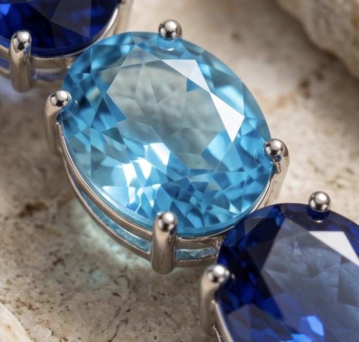 Oceania - 22.5 carat London Blue Topaz .925 Sterling Silver handmade Statement earrings - Stone close-up of Oceania 22.5 ct Blue Topaz in .925 Sterling Silver