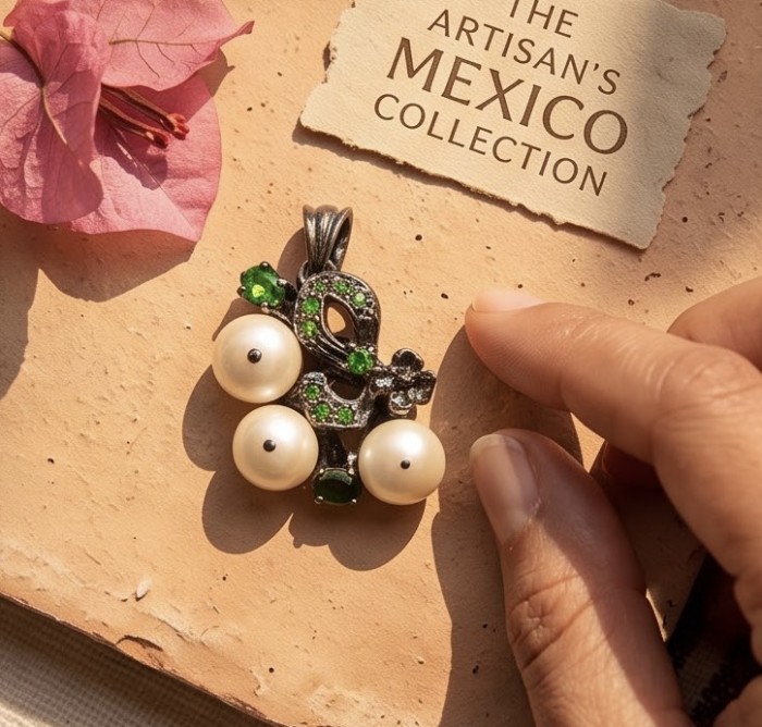 Tiffany - 7.8 carat Pearl Tanzanite Black RHODIUM over .925 Sterling Silver Handcrafted pendant - Close-up of pearl pendant with green stones on textured surface.