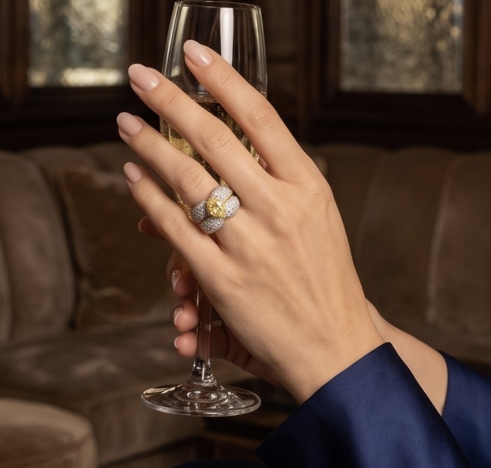 Solid 8.8 carat Genuine Yellow Sapphire 4.8 carat pave Moissanite .925 Sterling Silver handcrafted ring size 7 - Yellow sapphire and pave ring worn on hand holding champagne flute