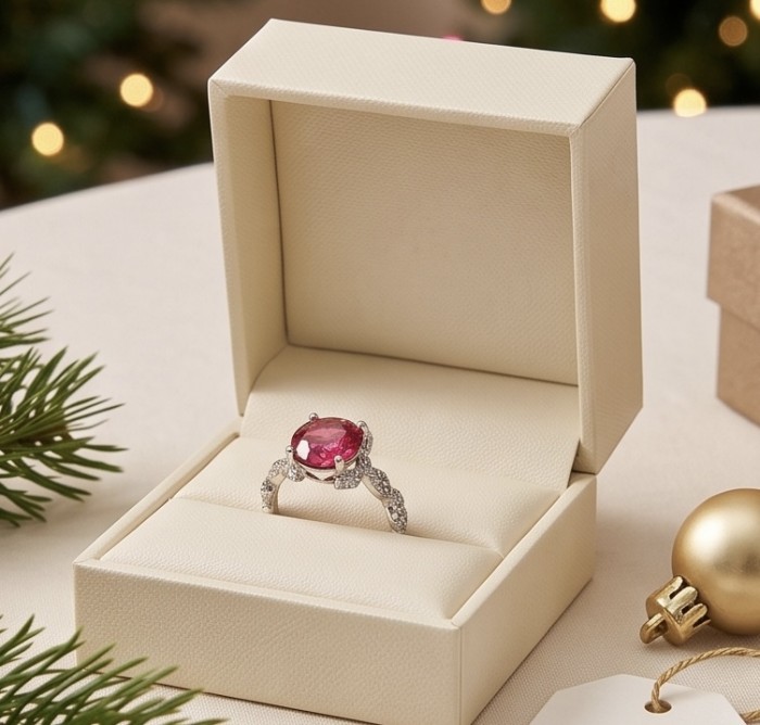 Exquisite 8.5 ctw Mozambique Ruby .925 Sterling Silver handcrafted Statement Ring size 8 1/4 - Ruby ring in box, angled view with festive background and decor