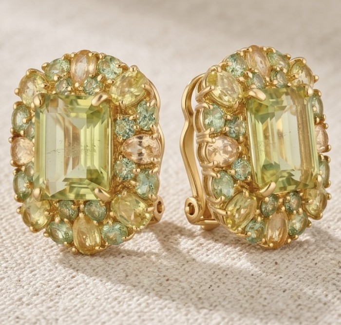 Victoria Authentic 10.5 carat Brazilian Citrine .925 Sterling Silver brilliantly dipped in rhodium handcrafted Statement earrings - Close-up of Brazilian citrine earrings with yellow and green gemstones.