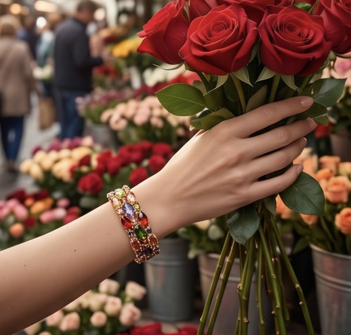 Tutti Frutti 125.5 CARAT MULTIGEM 14k Gold over .925 Sterling Silver brilliantly handcrafted Bracelet - Tutti Frutti bracelet worn on hand holding red roses
