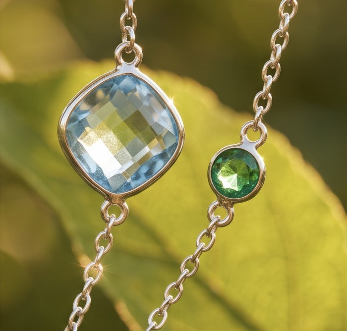 Infinity 11.5 carat Authentic Multigems Rhodium over .925 Sterling Silver handcrafted Statement necklace - Close-up of multigems in sunlight on gold chain necklace.