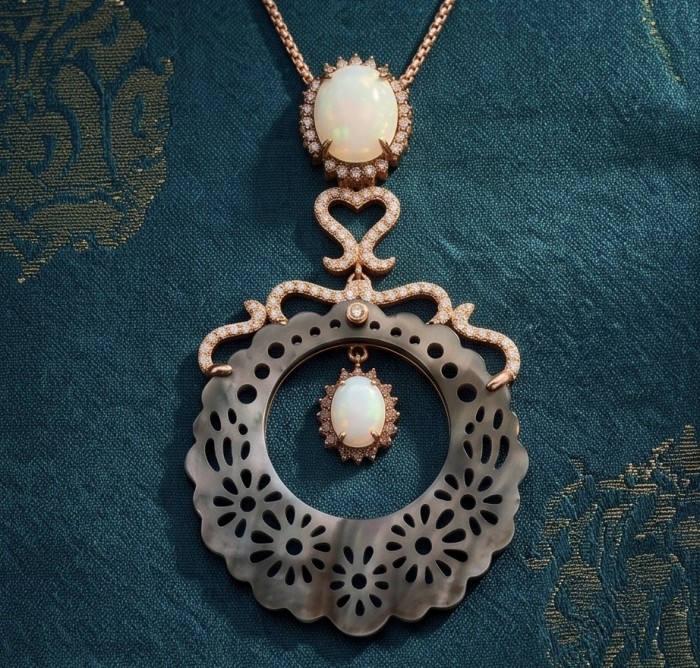 Love is Forever - Vintage style Beauty carved Rainbow Abalone 11.5 carat Fire Opal .925 Sterling Silver dipped in 14K Gold Necklace - Close-up of vintage-style pendant with carved details and opals