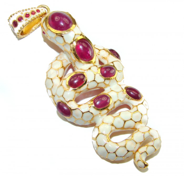 INCREDIBLE Natural Ruby Enamel Snake 14K Gold over .925 Sterling Silver Pendant - photo 2
