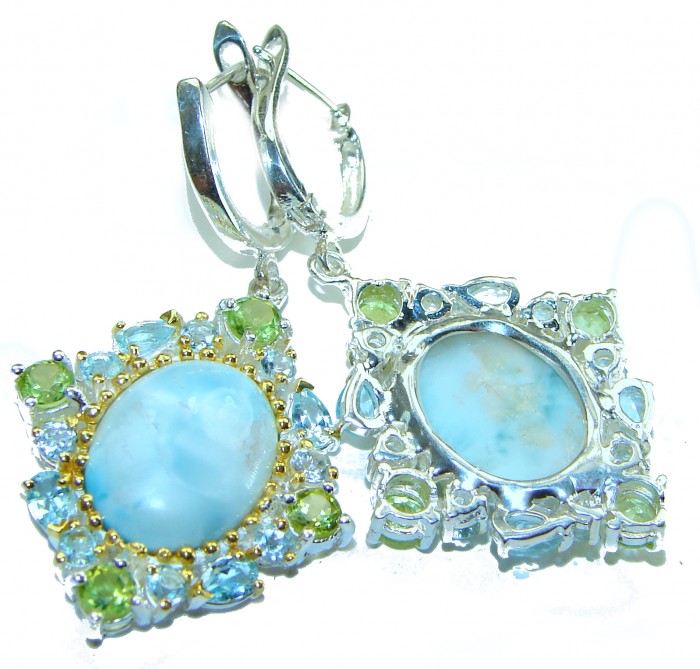 Venus Genuine 14.5 carat Blue Larimar 14K Gold over .925 Sterling Silver handmade earrings - photo 2
