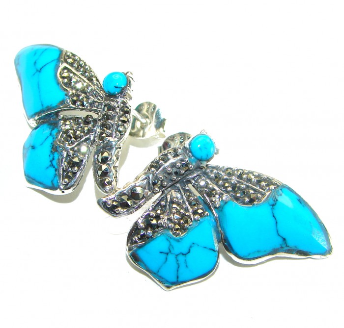 Blue Butterfly Precious natural Turquoise .925 Sterling Silver handcrafted Earrings - photo 2