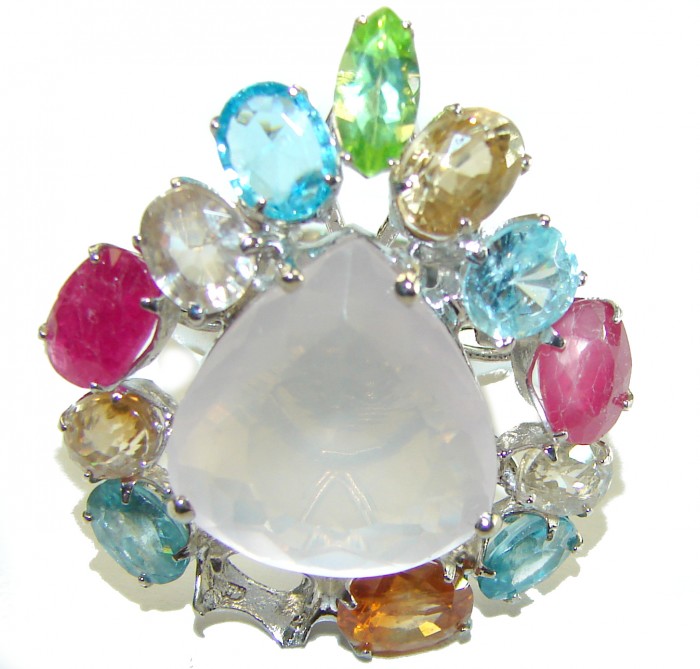 Pink Cascade authentic Italy made 25.5 carat Rose Quartz 18k Gold over .925 Sterling Silver incredible Ring size 8 - photo 2