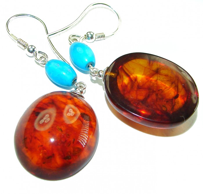 Baltic Polish Amber Turquoise .925 Sterling Silver Earrings - photo 1