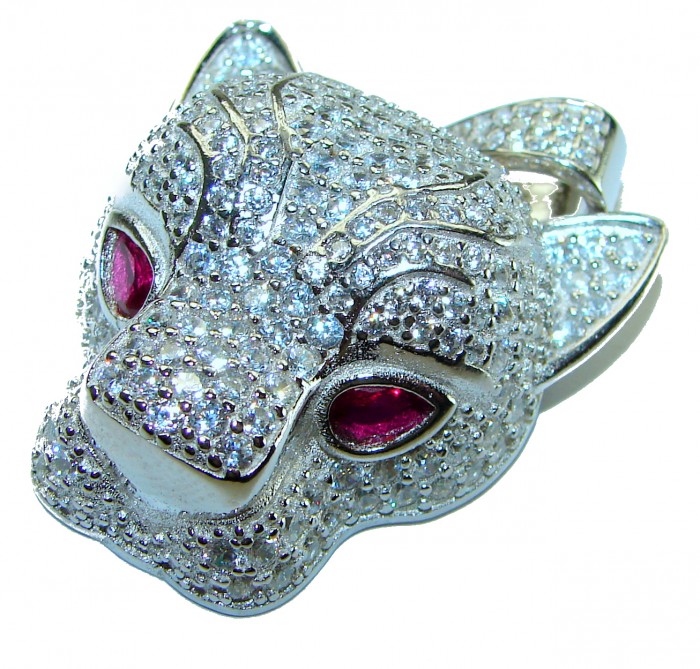 Precious Wild Cheetah 29.8 carat White Sapphire Ruby .925 Sterling Silver handmade Pendant - photo 3