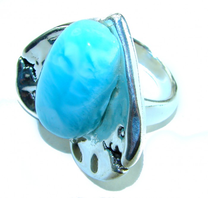 Angel's Heart Genuine Caribbean Larimar .925 Sterling Silver handcrafted MASSIVE 21.5 carat STATEMENT ring size 8 - Close-up of Angel's Heart Larimar ring in .925 Sterling Silver.