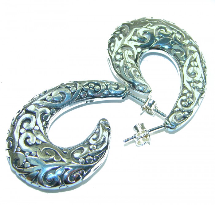 1 5/8 inches long - Free Spirit bohemian Style .925 Sterling Silver handmade Bali made Oversized Earrings - Side view of intricate bohemian-style silver earrings with ornate design.