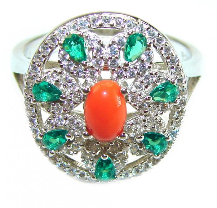 Serenity - 10.5 carat genuine Coral Emerald .925 Sterling Silver handmade ring s. 8 - Top view of Serenity ring with coral and emerald in sterling silver