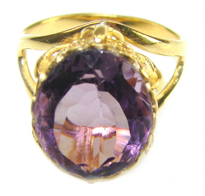 7.2 carat Amethyst 14K Gold over .925 Sterling Silver Handcrafted Ring size 7 1/2 - Close-up of a 7.2 carat amethyst ring in gold over sterling silver.