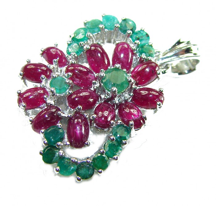 Magnificent Flower 17.5 carat Ruby Emerald .925 Sterling Silver handcrafted incredible Statement Pendant - Ruby and emerald floral pendant close-up on sterling silver