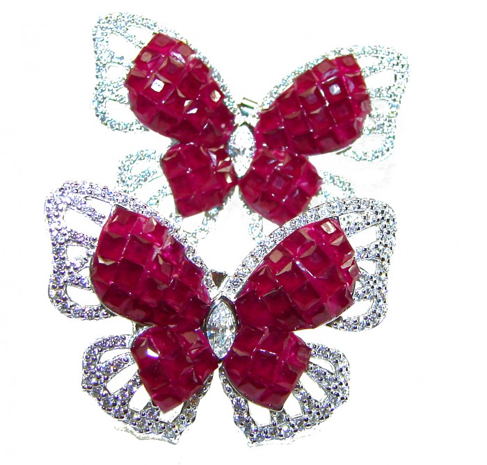 Real Beauty natural 18.9 carat Ruby Butterflies .925 Sterling Silver Large handcrafted earrings - Close-up of ruby butterfly jewelry with intricate detailing