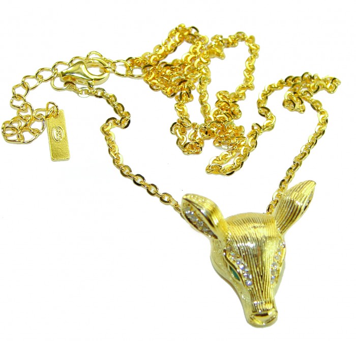 Deer'S Head 0.5 carat Emerald .925 Sterling Silver dipped in 18K Gold handmade Statement necklace - Gold deer head necklace with emerald detail, chain and clasp visible.
