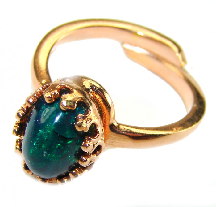 A COSMIC POWER Genuine 4.2 carat Black Opal 18K Gold over .925 Sterling Silver handmade Ring size 7 adjustable - Close-up of 4.2 carat black opal ring in 18K gold setting