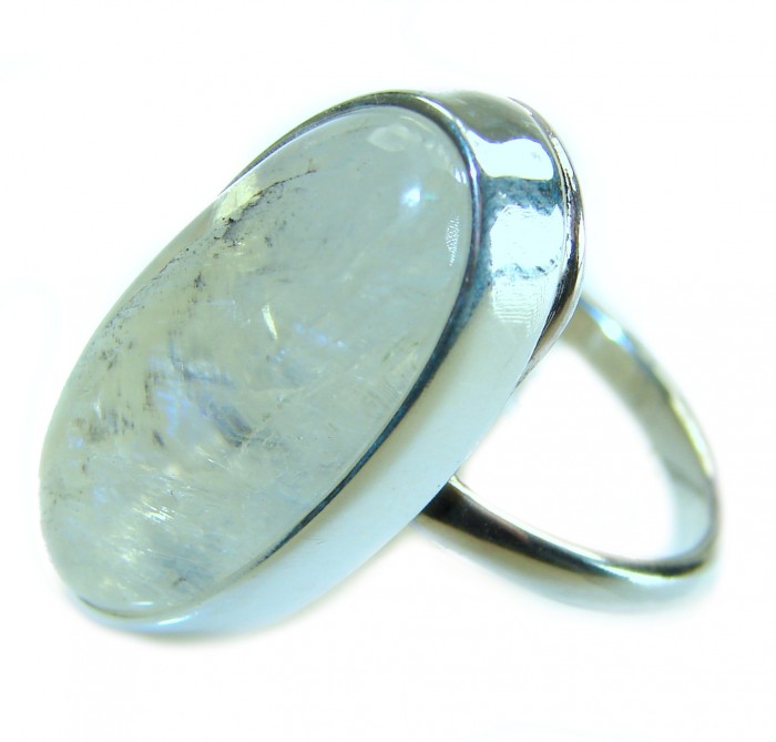 Top quality AAA+ quality Rainbow Moonstone .925 Sterling Silver handmade ring s. 9 1/4 - Close-up of AAA+ Rainbow Moonstone ring in .925 Sterling Silver