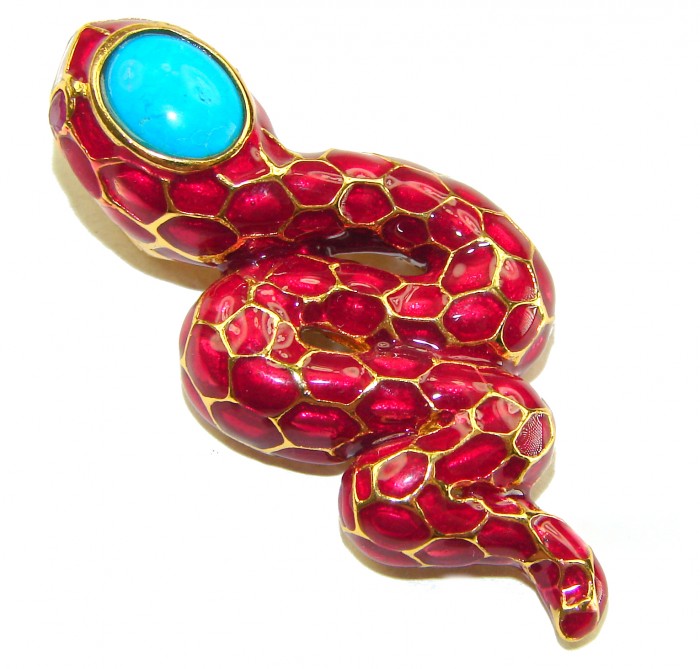 INCREDIBLE Red Snake Natural Ruby Enamel Snake 14K Gold over .925 Sterling Silver Pendant - Red snake brooch with turquoise eye, top view, red enamel and gold detail.
