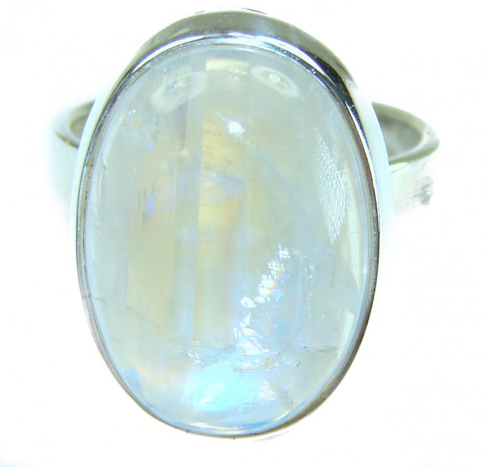 Rainbow Moonstone .925 Sterling Silver handmade ring s. 8 adjustable - Close-up of Rainbow Moonstone .925 Sterling Silver ring.