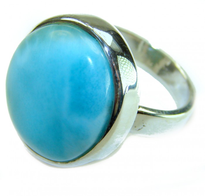 Blue Perfection AUTHENTIC Larimar .925 Sterling Silver handmade Large ring size 8 adjustable - Close-up of blue Larimar stone in sterling silver setting ring.