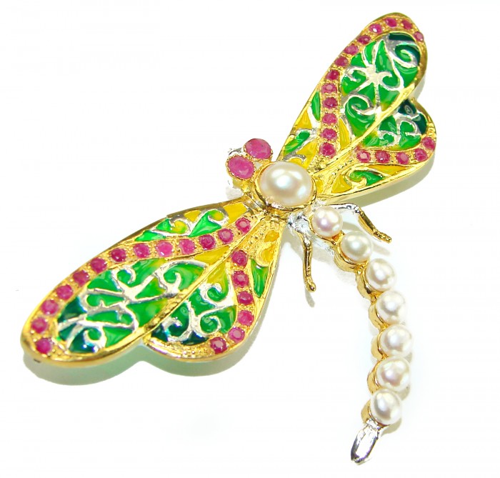 Big Dragonfly Pearl Enamel 18K Gold over .925 Sterling Silver handcrafted Pendant Brooch - Dragonfly brooch with pearls and enamel, top view, 18K gold over sterling.