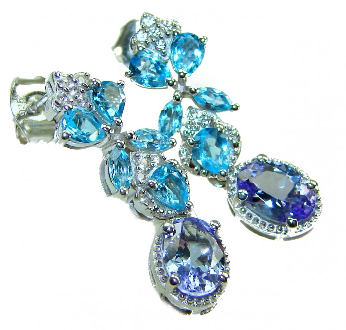 9.5 carat Swiss Alexandrite Blue Topaz .925 Sterling Silver Handcrafted Earrings - Close-up of Swiss Alexandrite Blue Topaz sterling silver earrings.