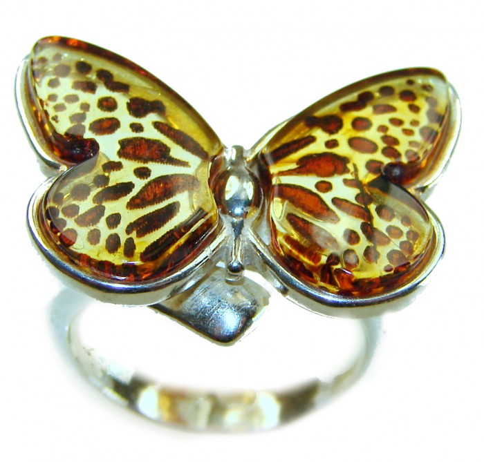 Butterfly Authentic carved Baltic Amber .925 Sterling Silver handcrafted ring; s. 8 adjustable - Butterfly Baltic Amber ring in .925 sterling silver, top view.