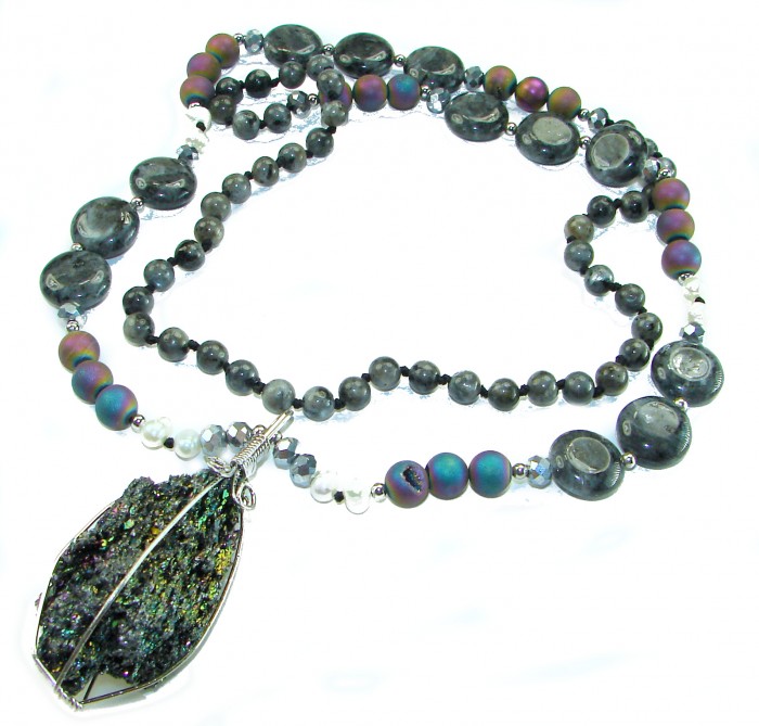 Bohemian Style Huge Genuine 34 inches Titanum Druzy .925 Sterling Silver handmade necklace - Bohemian necklace with titanium druzy pendant, top view.