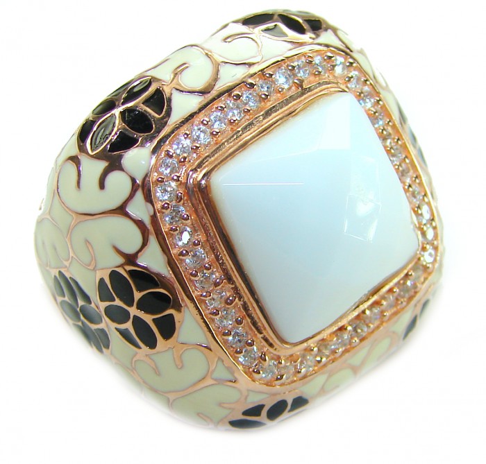 Divine Creation 9.5 carat White Jade Enamel 18K Gold over .925 Sterling Silver handcrafted Ring s. 6 - Bold ring with white jade, enamel, and gold accents, angled top view