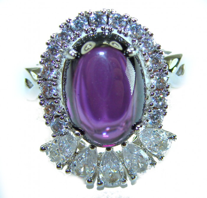 Elizabeth - Precious Natural 14.5 carat Amethyst from Uruguay Rhodium over .925 Sterling Silver Handcrafted Ring size 8 adjustable - Amethyst ring close-up with diamond accents, top view.