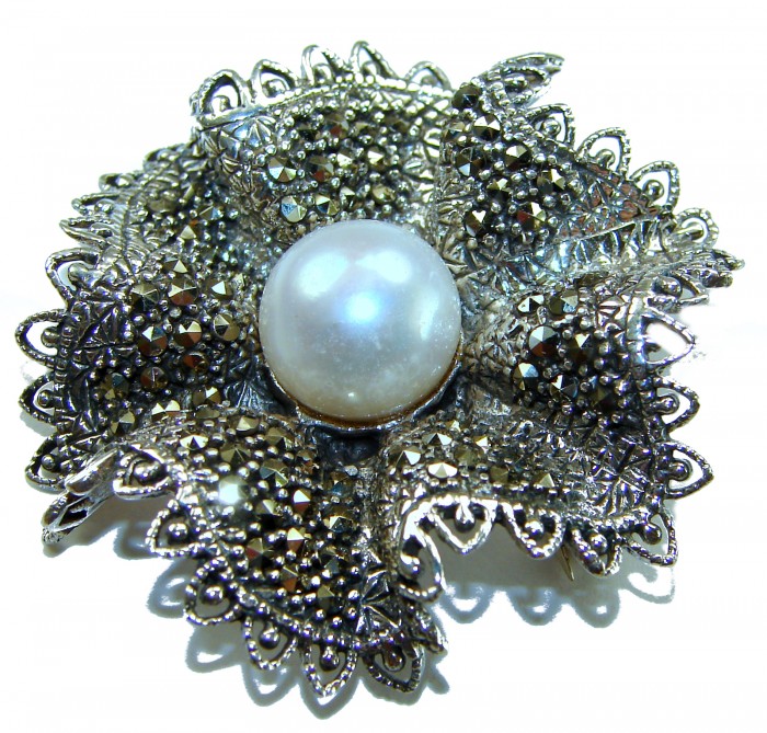 Genuine white Pearl Marcasite .925 Sterling Silver handcrafted Brooch - Top view of genuine white pearl and marcasite sterling silver jewelry