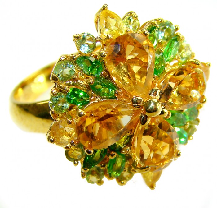 Victoria Authentic - Natural 10.2 carat Brazilian Citrine .925 Sterling Silver dipped in 18K Gold handmade Statement Ring size 8 1/4 - Close-up of Victoria Authentic ring with Brazilian Citrine gemstones