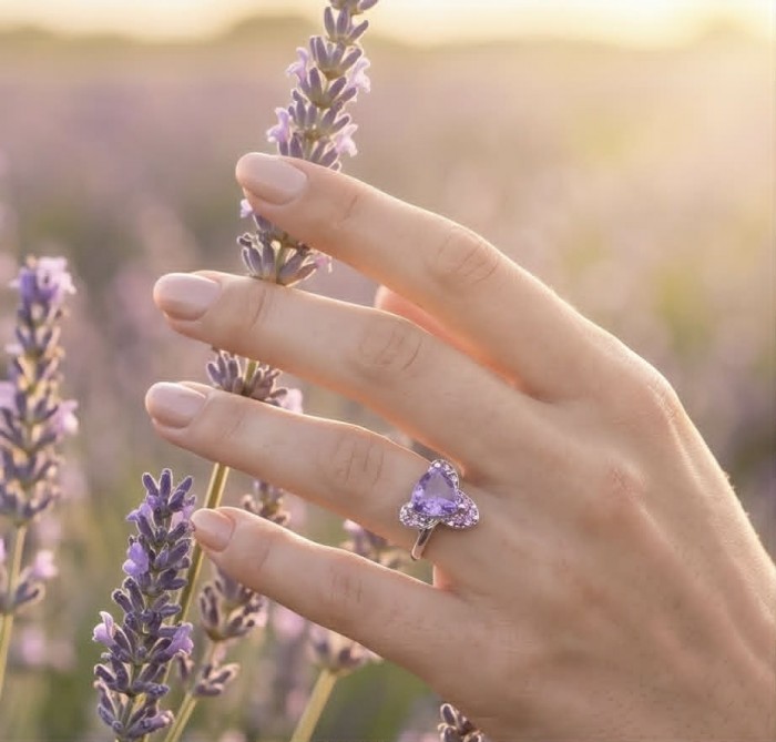 Purple Queen trillion cut 3.9 carat Amethyst .925 Sterling Silver Handcrafted Ring size 8 - Amethyst ring worn on hand, surrounded by lavender field.