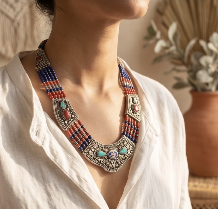 GO West ! - Chunky bochemian style Turquoise Coral Silver handcrafted necklace - photo 2