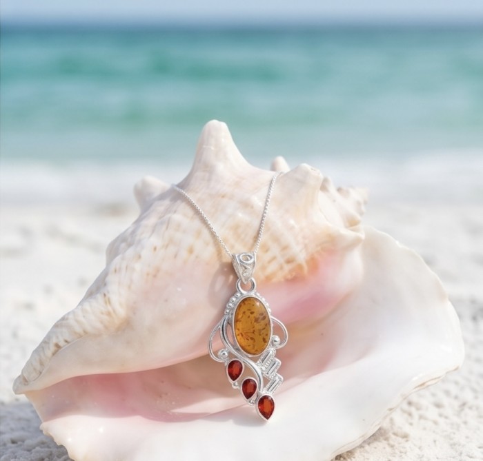 Sea Treasure Prehistoric Authentic Golden Baltic Amber .925 Sterling Silver beautifully handcrafted Pendant - Amber pendant on seashell with ocean background, frontal view.