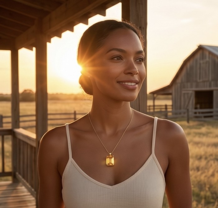 Princess cut 25.4 carat Lemon Quartz 18K Gold over .925 Sterling Silver handcrafted pendant - Woman wearing Princess cut Lemon Quartz necklace at sunset.