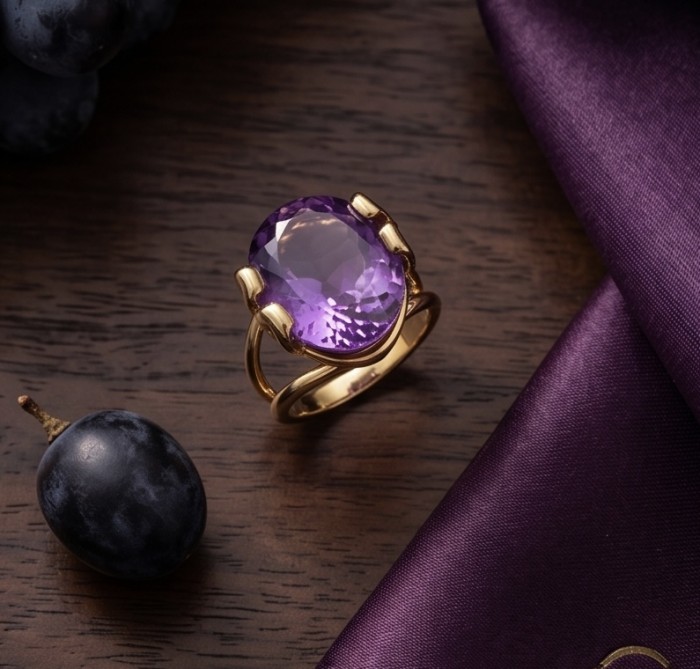 Purple Mystery 12.5 carat Amethyst .925 Sterling Silver dipped in 18K Gold Handcrafted Ring size 9 - Amethyst ring on wood with grapes and purple fabric background.